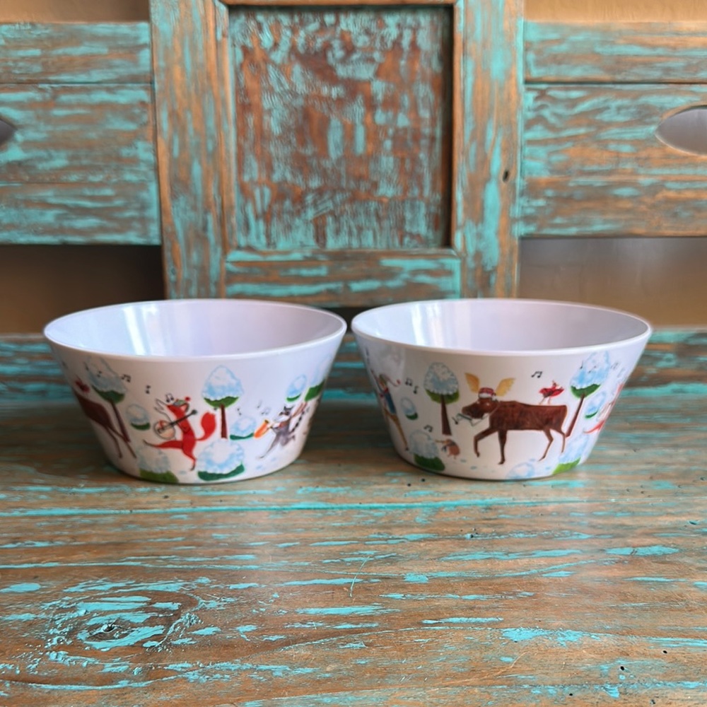 Crate & Barrel Holiday Melamine Bowls Set of 2 Animals Music Whimsical